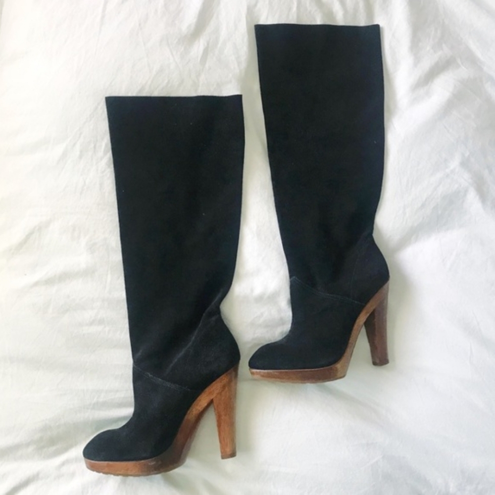Michael Kors Daria Black Suede Slouch Boots Tall With Wood Block Heel Size 7.5